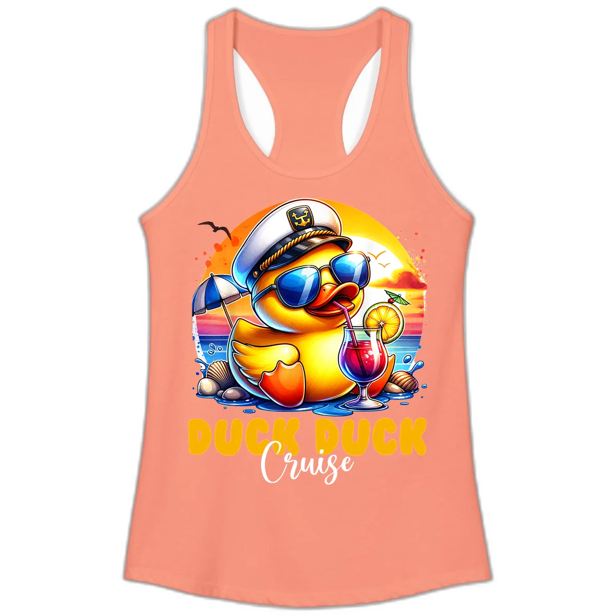 Captain Duck's Tropical Cruise Adventure Ladies Tank in Solid Light Orange