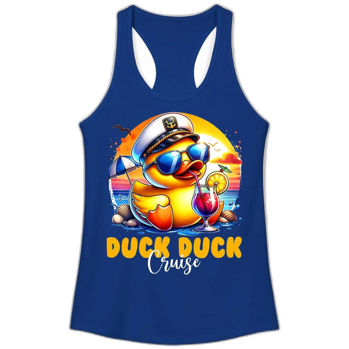 Captain Duck's Tropical Cruise Adventure Ladies Tank in Solid Royal
