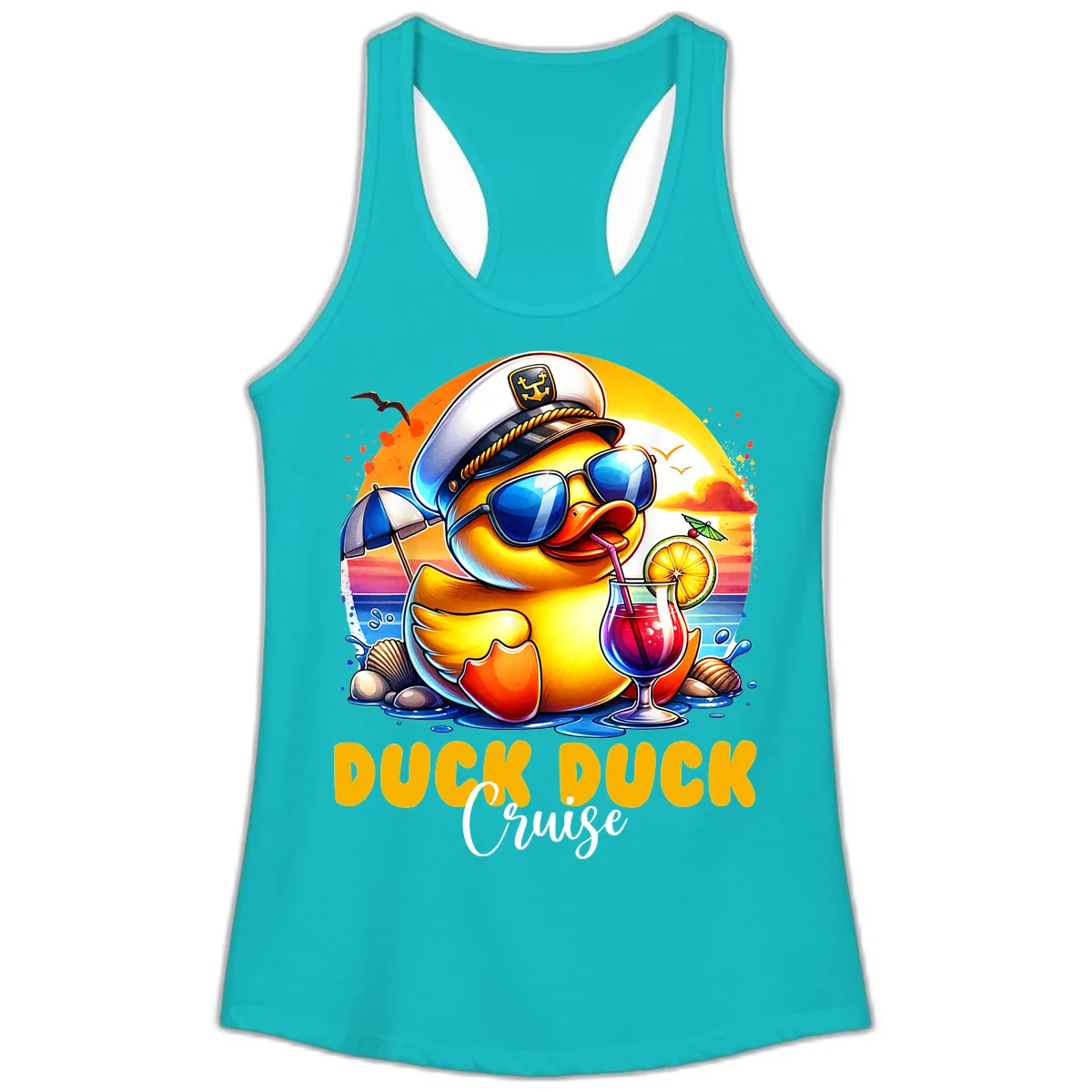 Captain Duck's Tropical Cruise Adventure Ladies Tank in Tahiti Blue