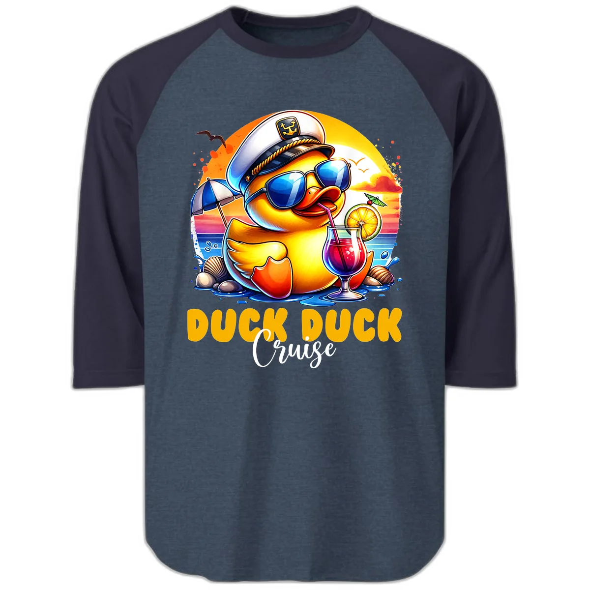 Captain Duck's Tropical Cruise Adventure Raglan 3/4 in Heather Denim Navy