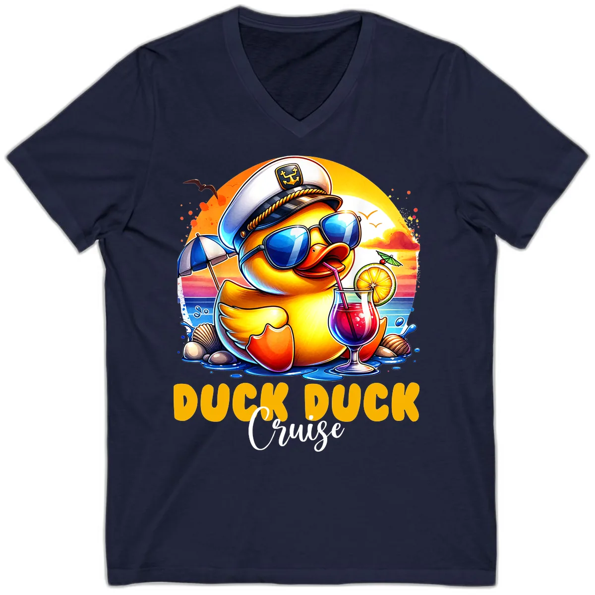 Captain Duck's Tropical Cruise Adventure V-Neck in Navy
