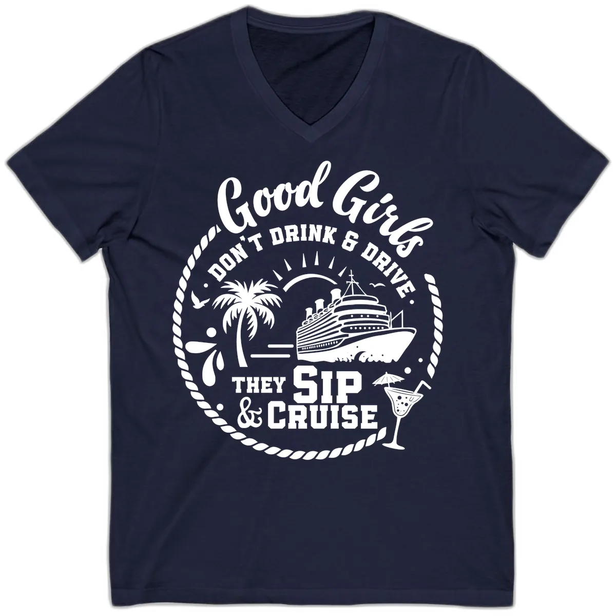 Good Girls Sip And Cruise V-Neck in Navy