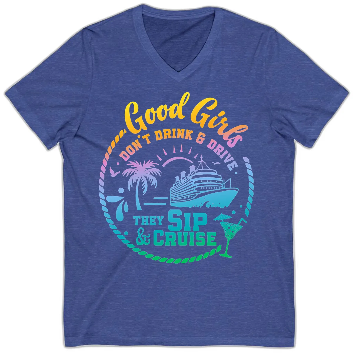 Good Girls Sip And Cruise V-Neck in Heather True Royal