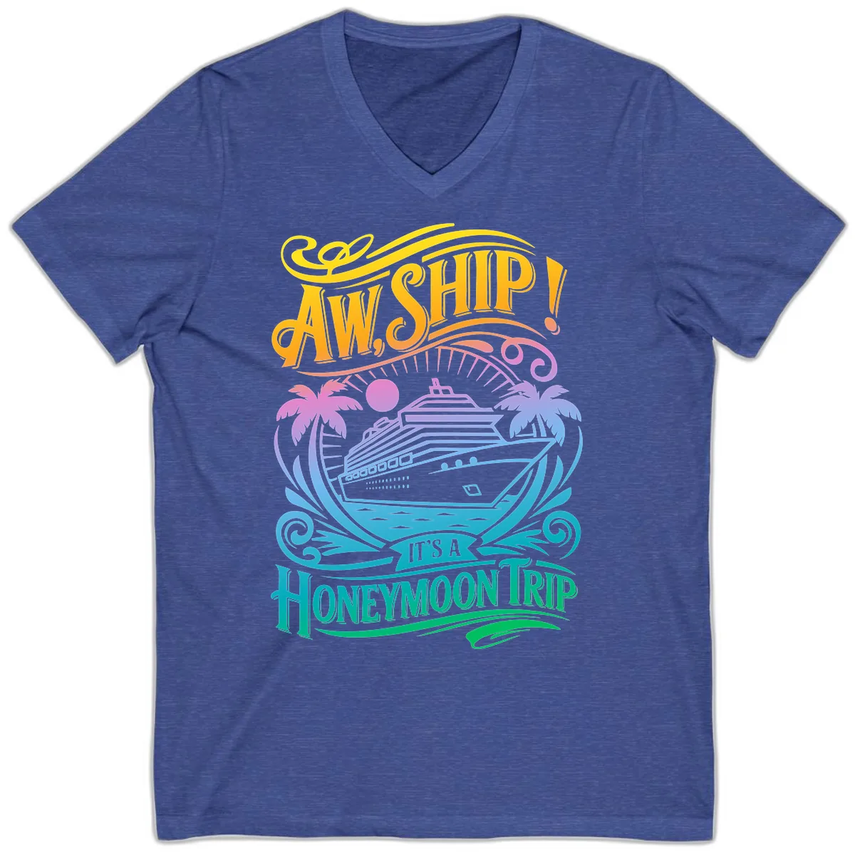 Aw, Ship! It's A Honeymoon Trip V-Neck in Heather True Royal