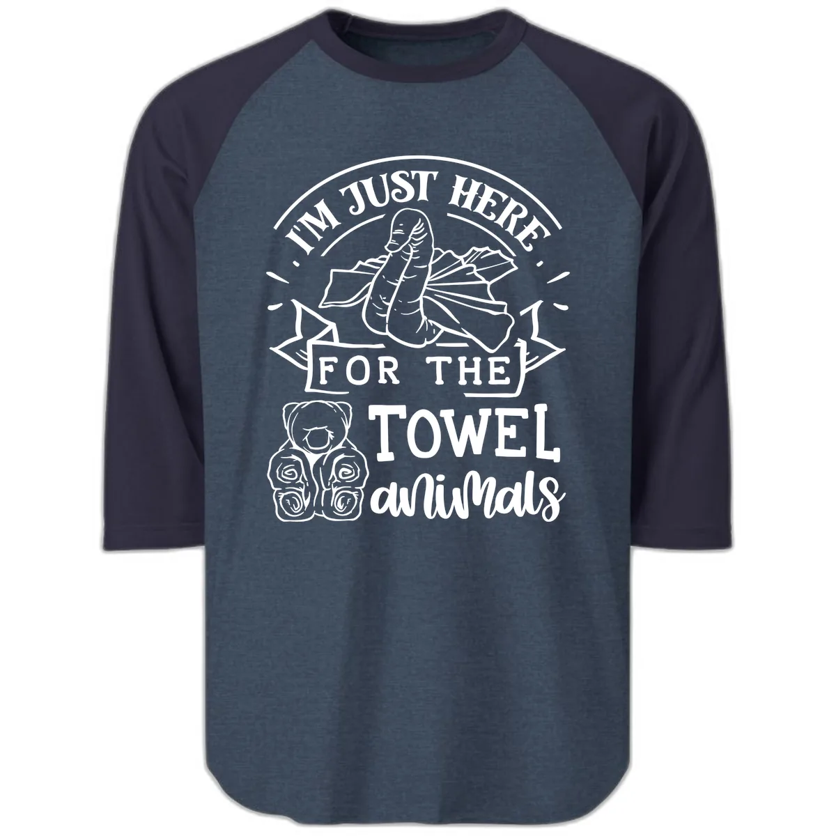 I'm Just Here For The Towel Animals Raglan 3/4 in Heather Denim Navy