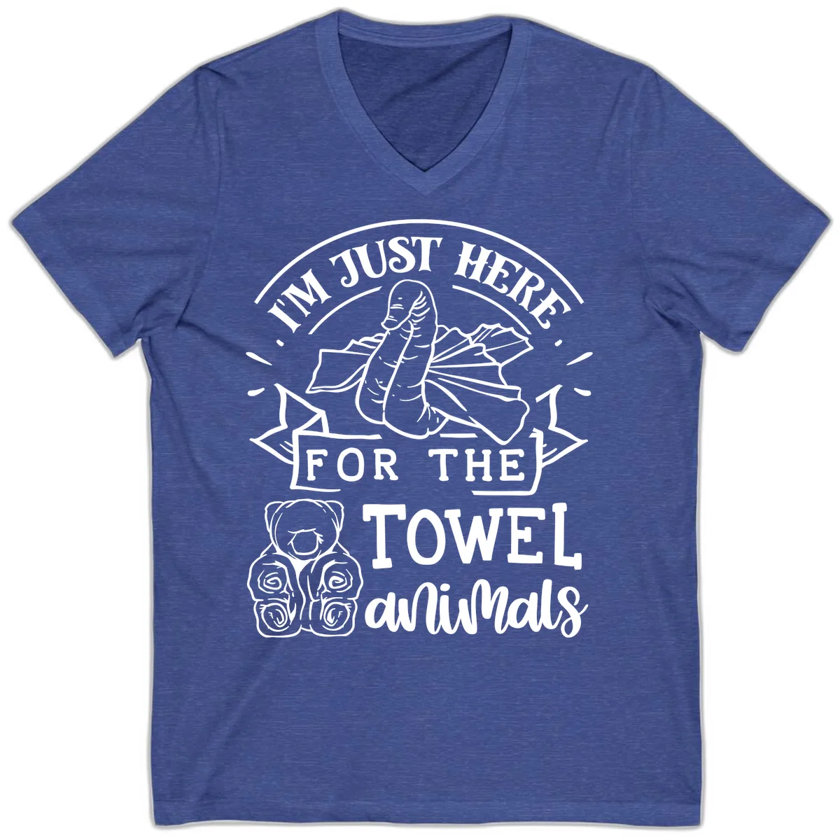 I'm Just Here For The Towel Animals V-Neck in Heather True Royal