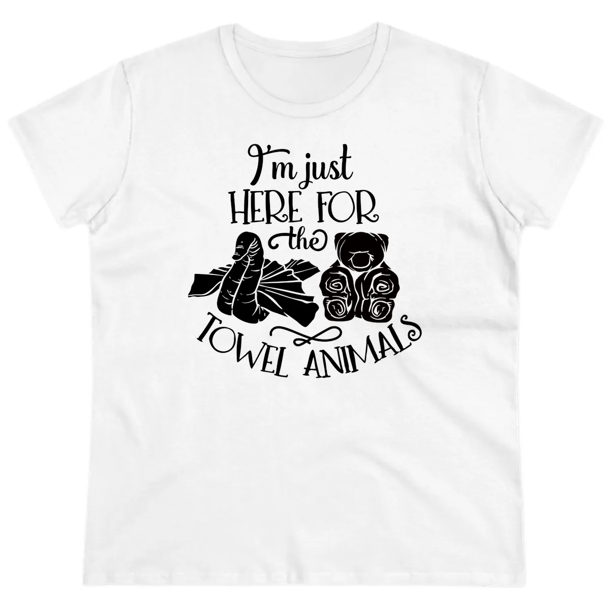 Here For The Towel Animals Cruise Design Ladies Tee in White