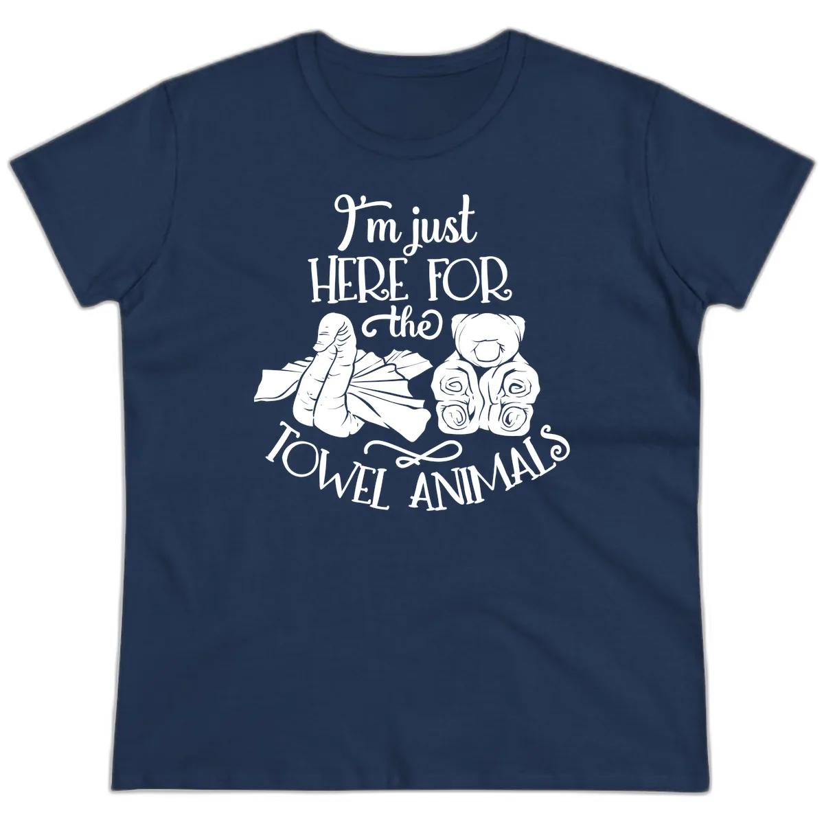 Here For The Towel Animals Cruise Design Ladies Tee in Navy