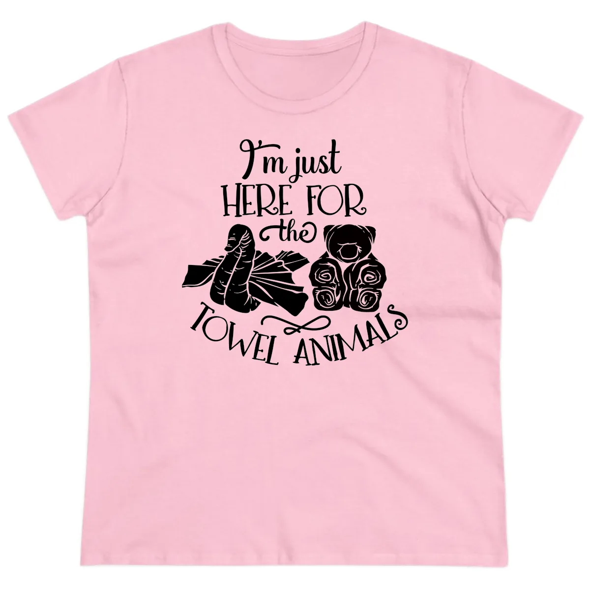 Here For The Towel Animals Cruise Design Ladies Tee in Light Pink