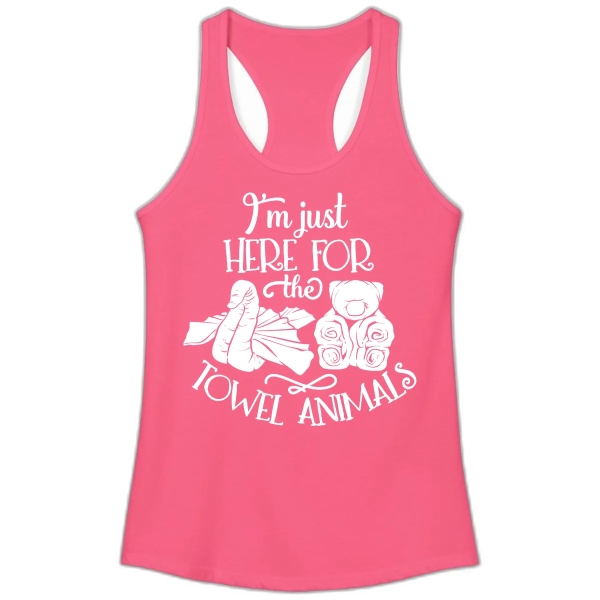 Here For The Towel Animals Cruise Design Ladies Tank in Solid Hot Pink