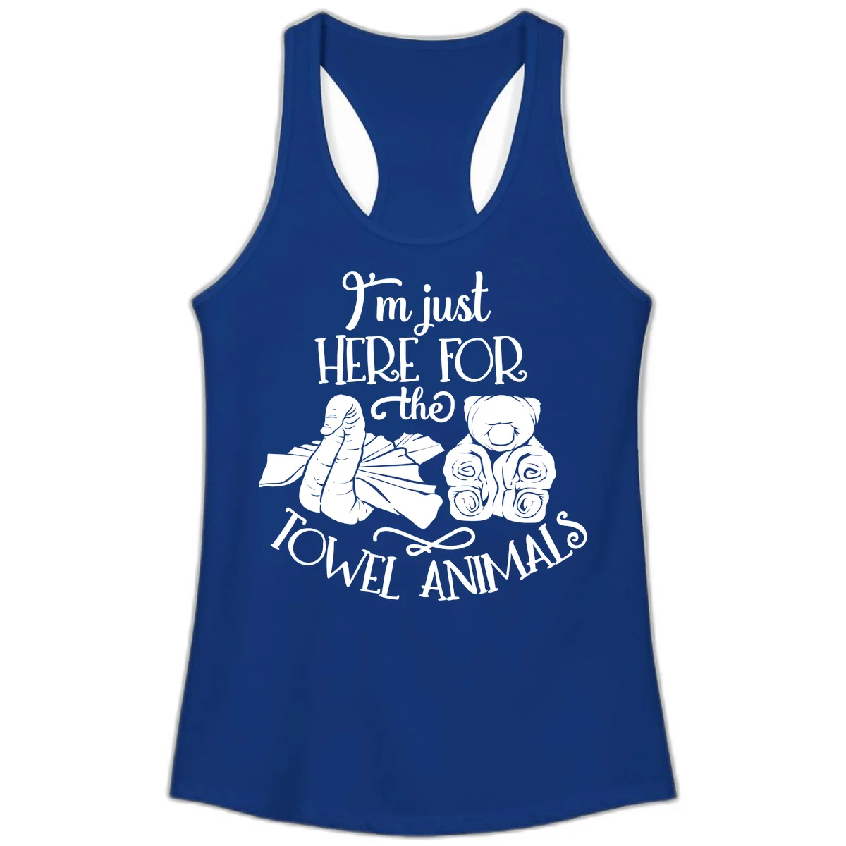 Here For The Towel Animals Cruise Design Ladies Tank in Solid Royal