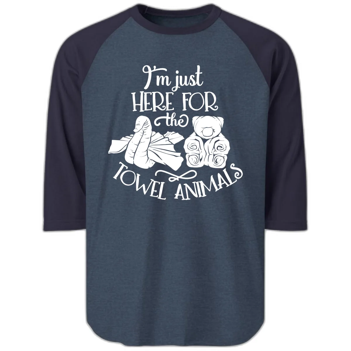 Here For The Towel Animals Cruise Design Raglan 3/4 in Heather Denim Navy