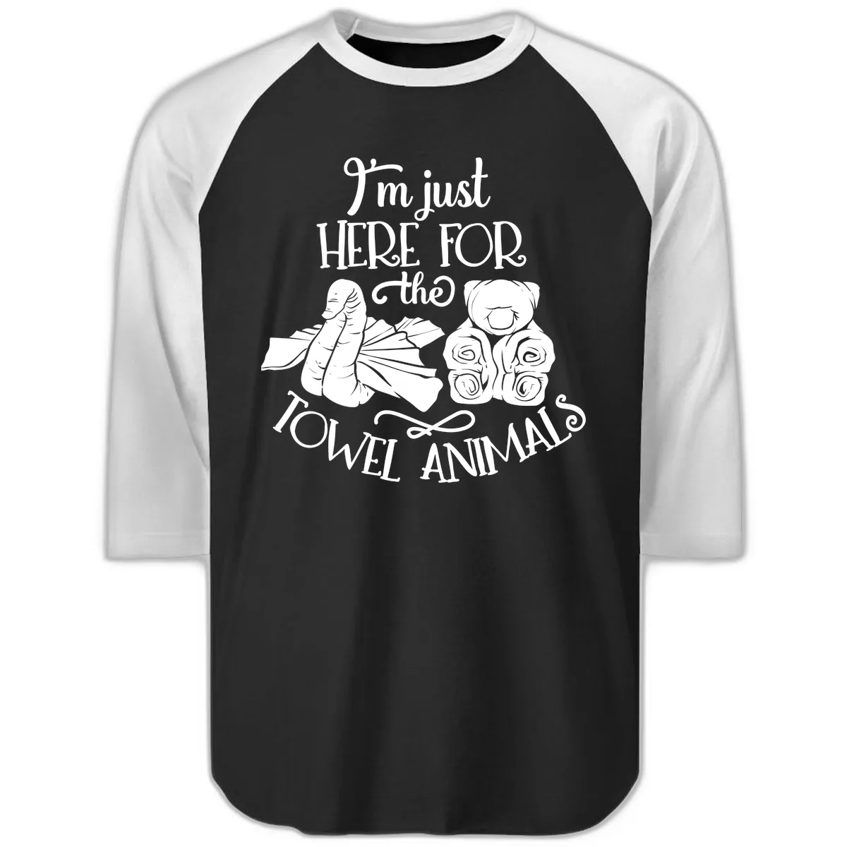 Here For The Towel Animals Cruise Design Raglan 3/4 in Black White