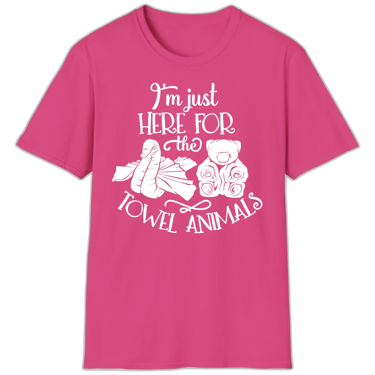 Here For The Towel Animals Cruise Design T-Shirt in Heliconia