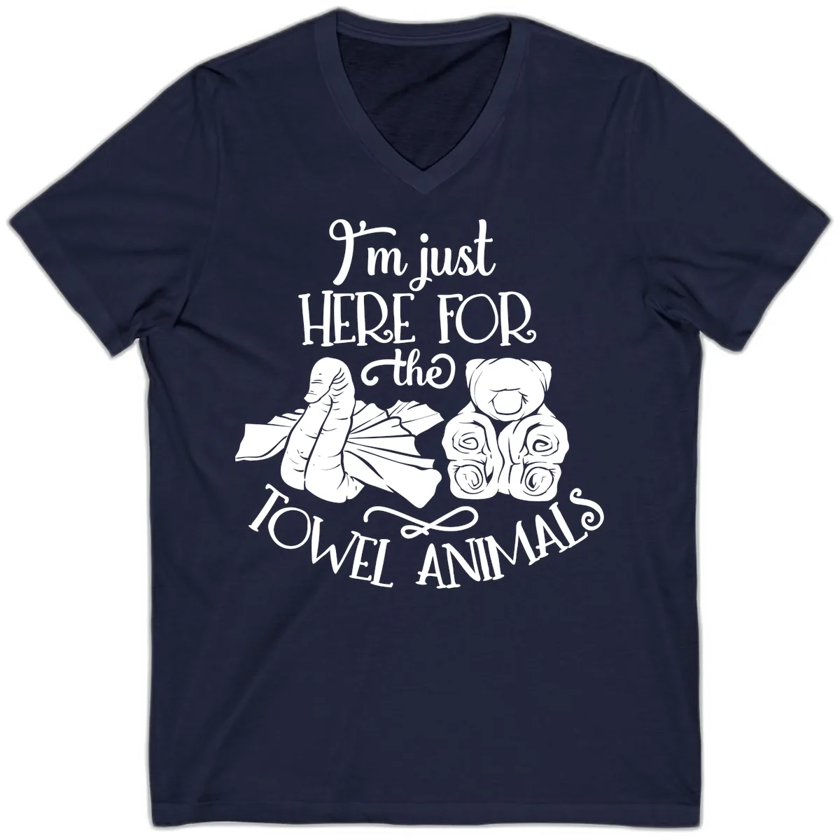 Here For The Towel Animals Cruise Design V-Neck in Navy