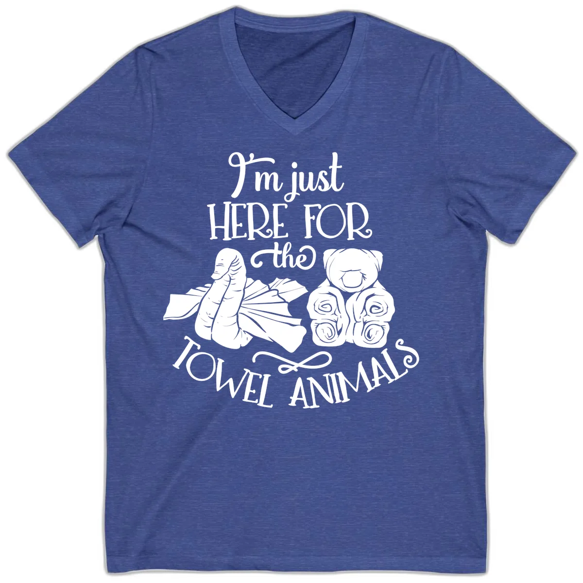 Here For The Towel Animals Cruise Design V-Neck in Heather True Royal