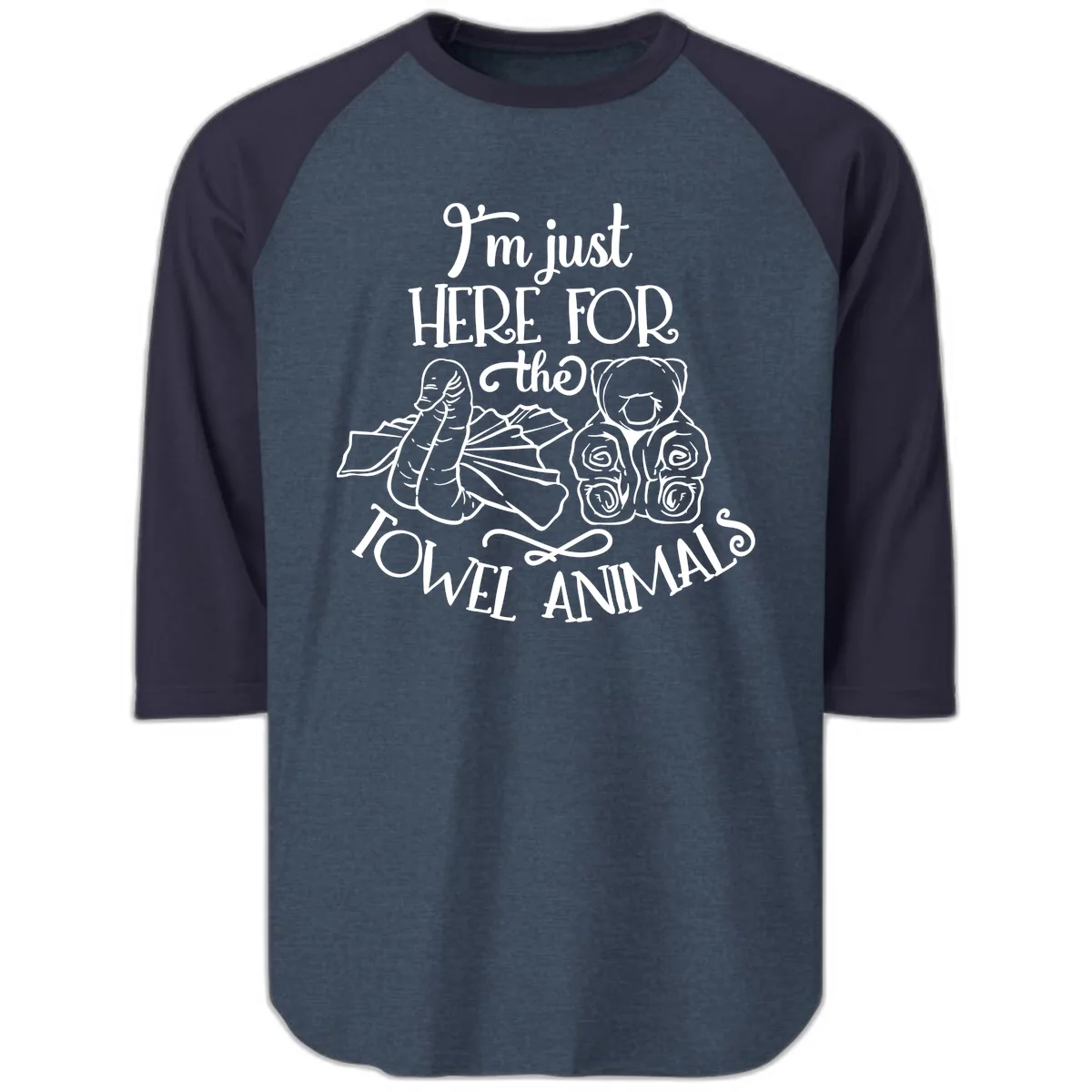 I'm Just Here For The Towel Animals Raglan 3/4 in Heather Denim Navy