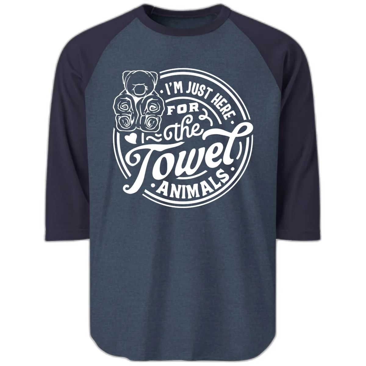 I'm Just Here For The Towel Animals Raglan 3/4 in Heather Denim Navy