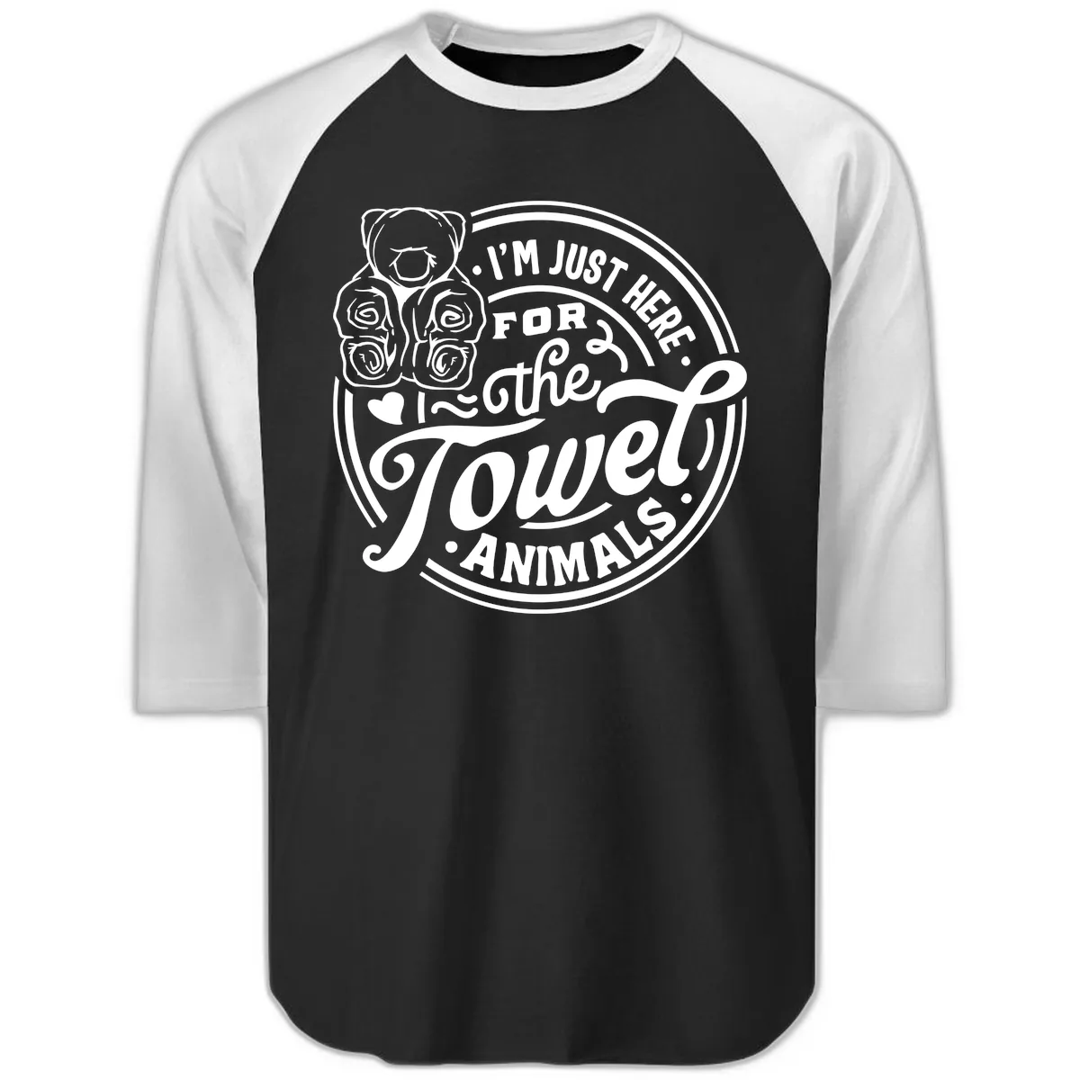 I'm Just Here For The Towel Animals Raglan 3/4 in Black White
