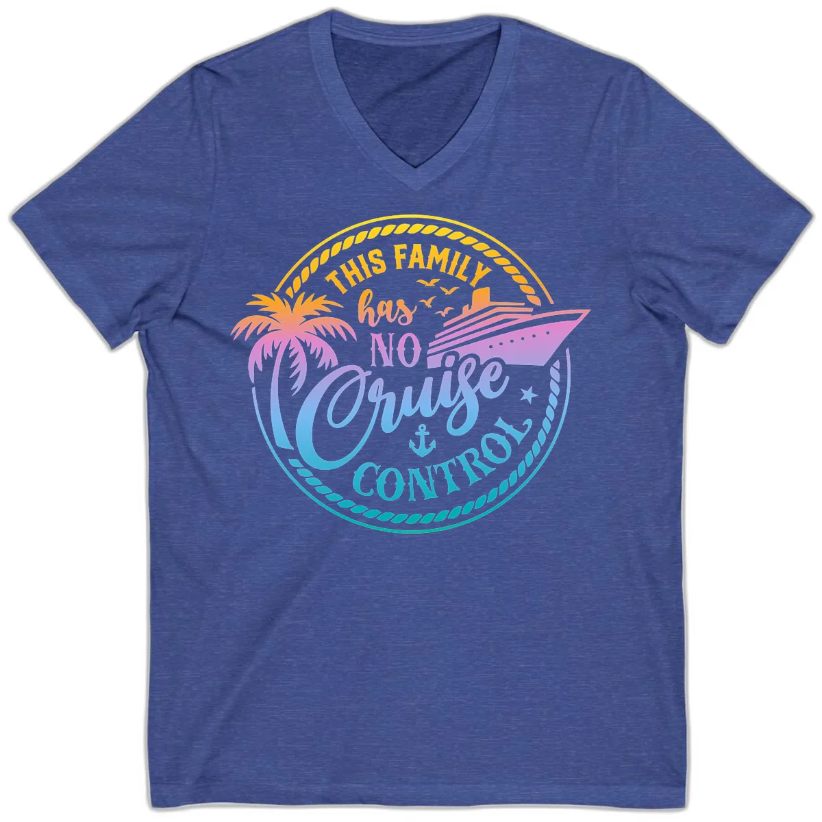 This Family Has No Cruise Control V-Neck in Heather True Royal