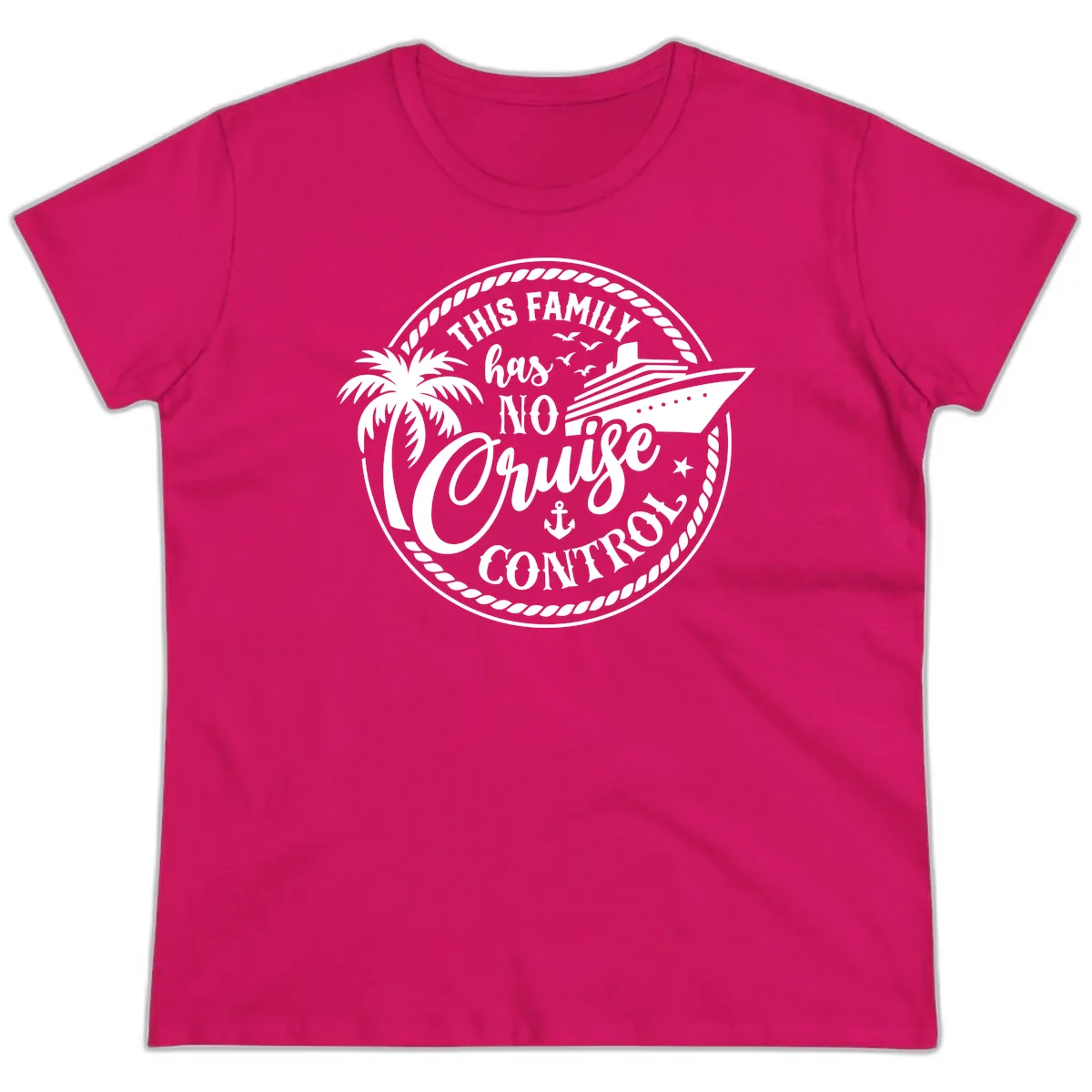 This Family Has No Cruise Control Ladies Tee in Heliconia