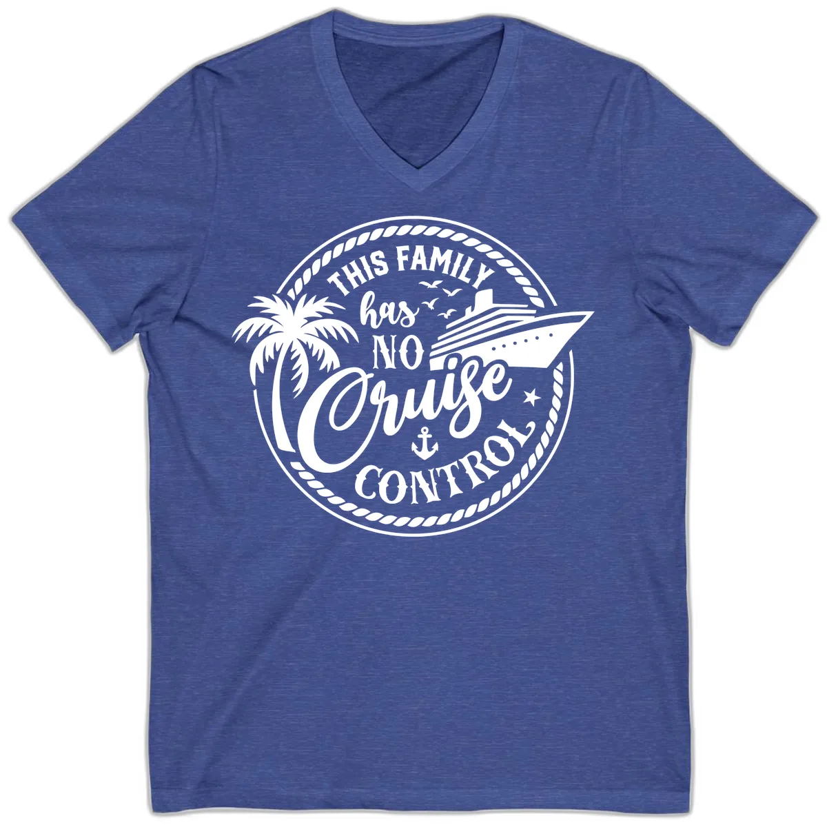 This Family Has No Cruise Control V-Neck in Heather True Royal