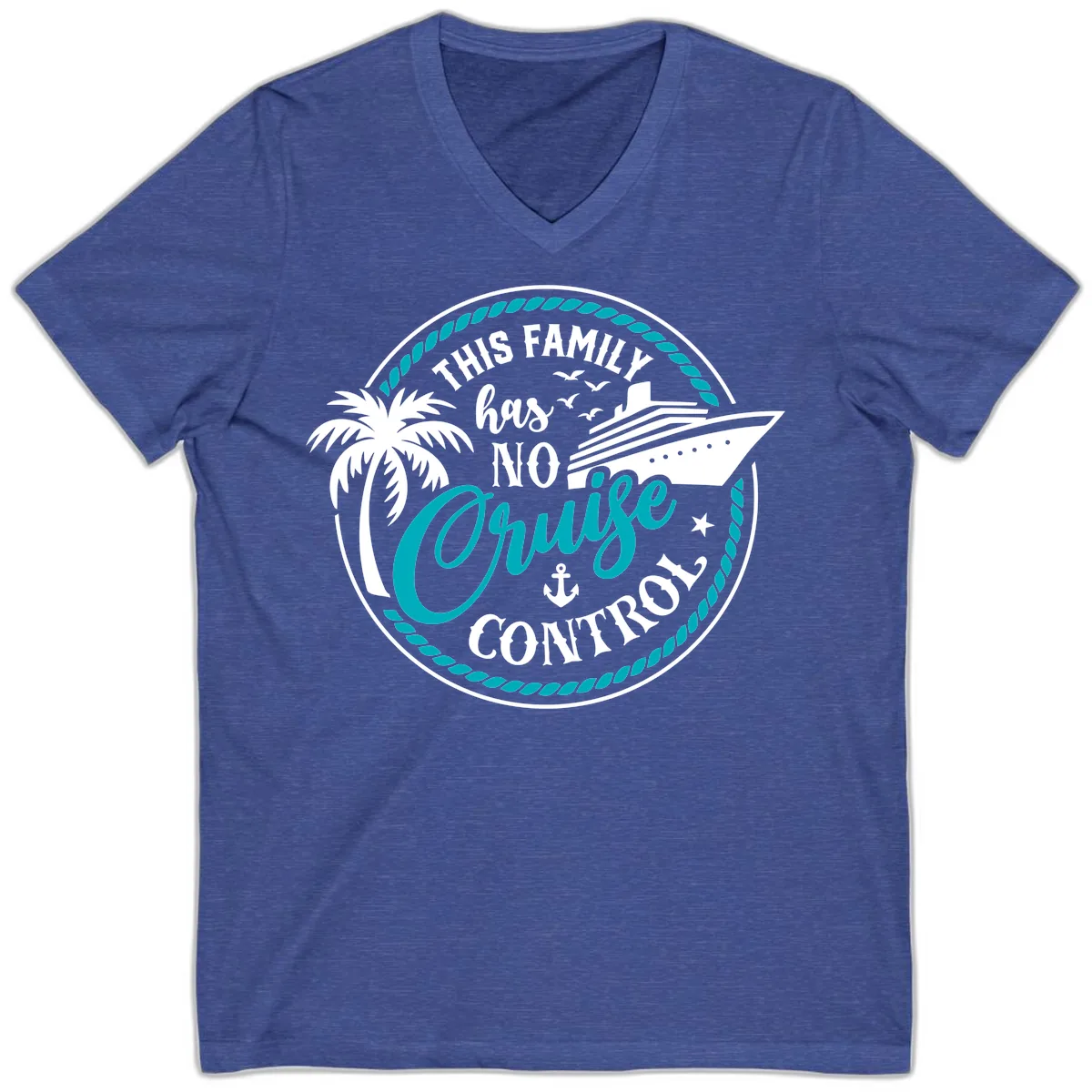 This Family Has No Cruise Control V-Neck in Heather True Royal