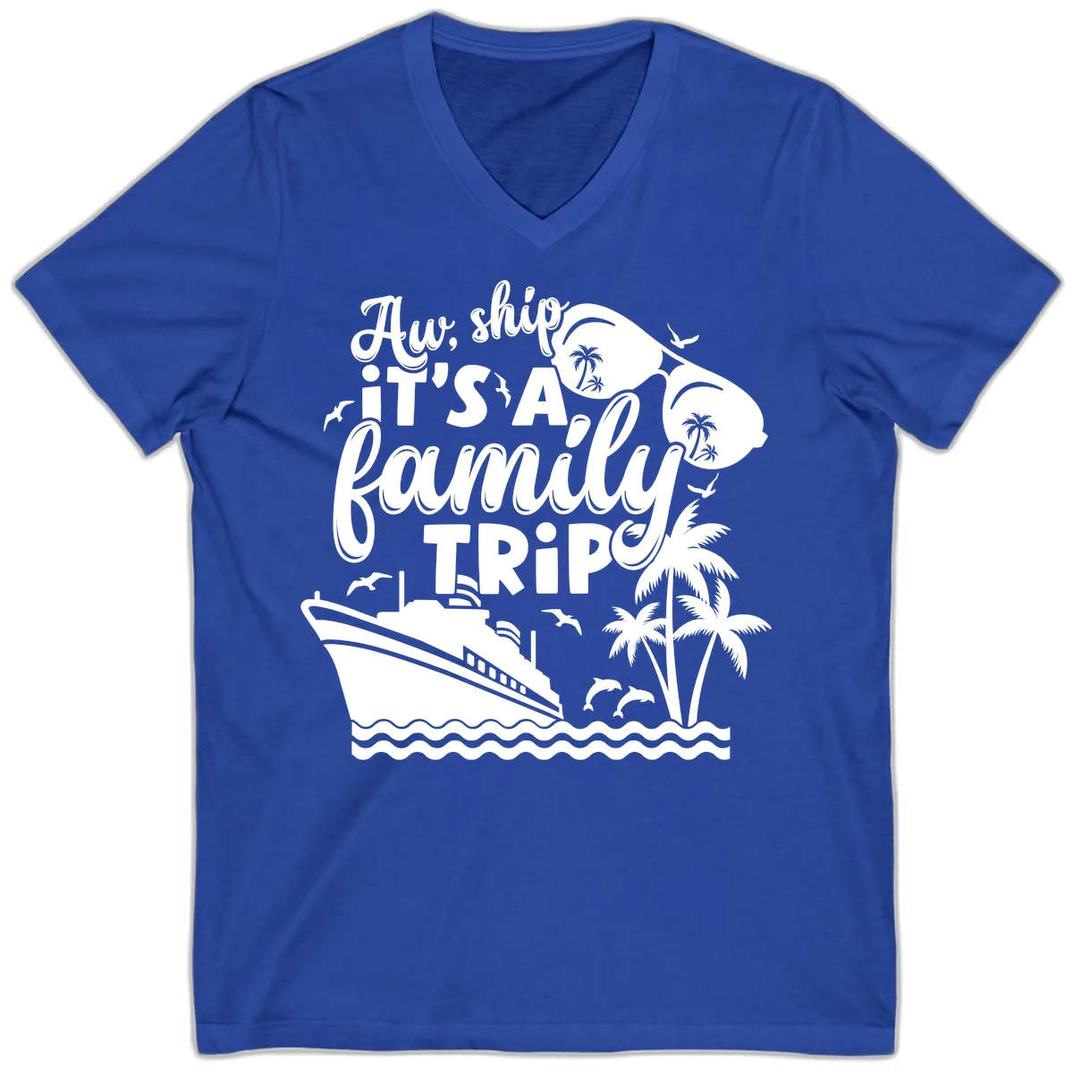 Aw Ship It's A Family Trip V-Neck in True Royal