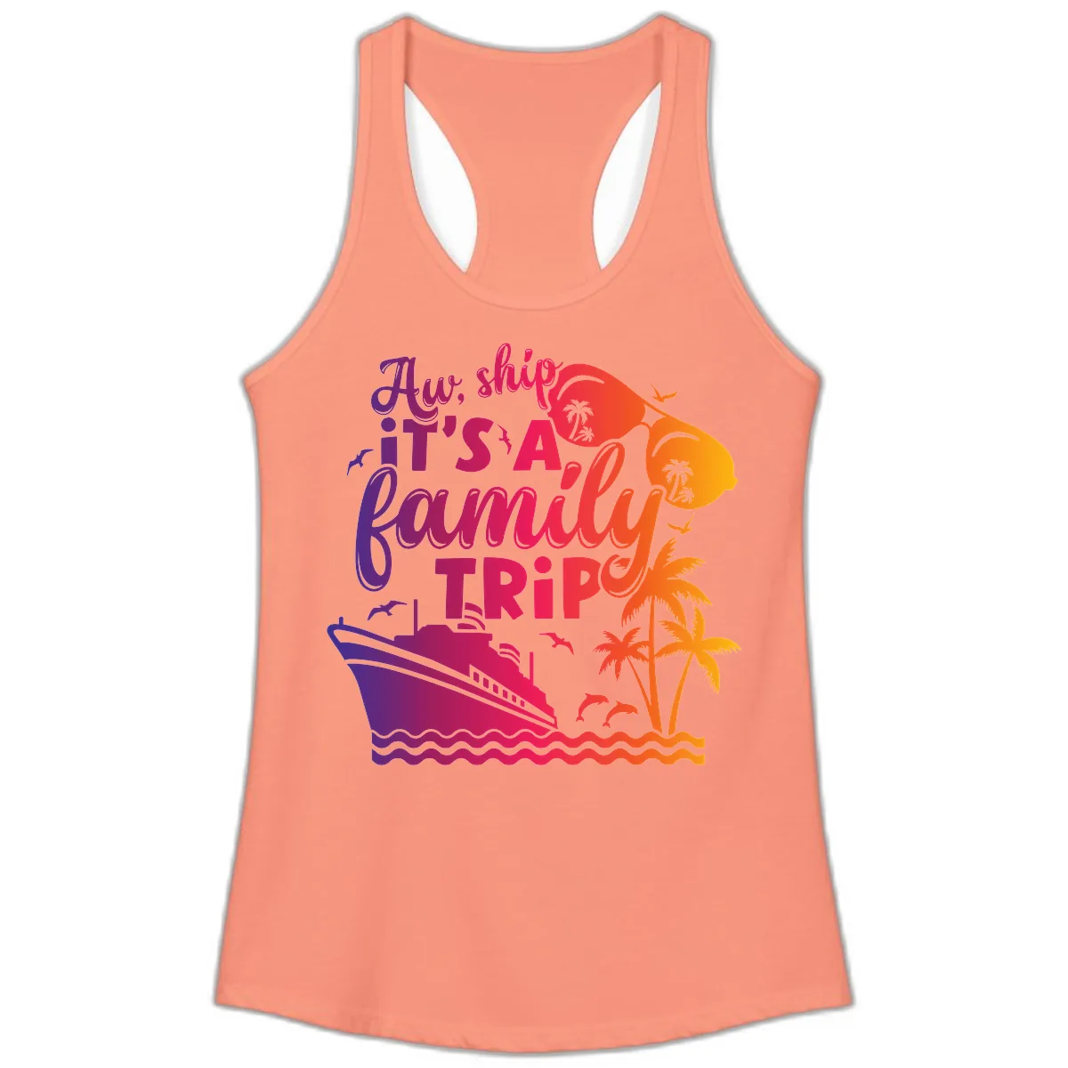 Aw Ship It's A Family Trip Design Ladies Tank in Solid Light Orange