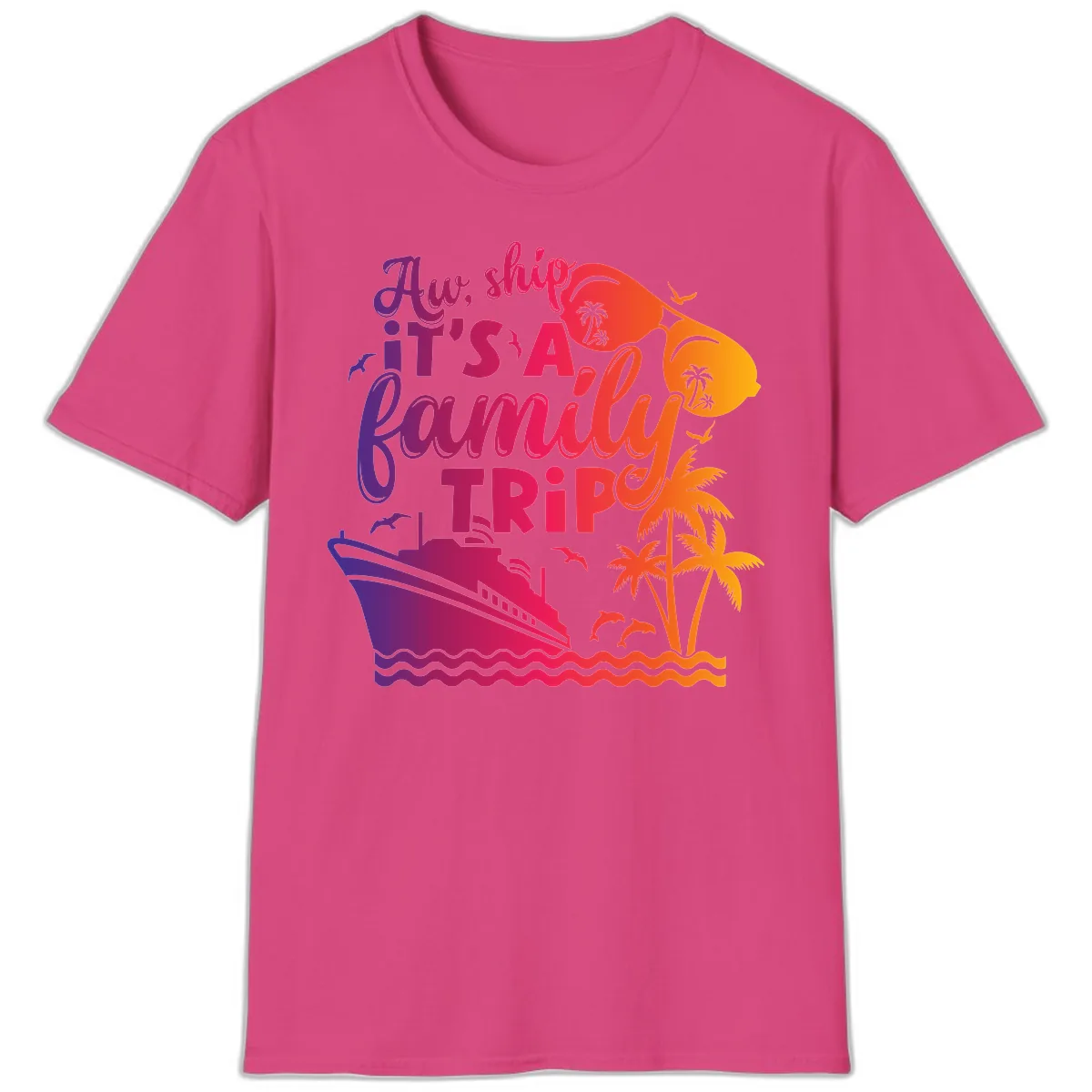 Aw Ship It's A Family Trip Design T-Shirt in Heliconia