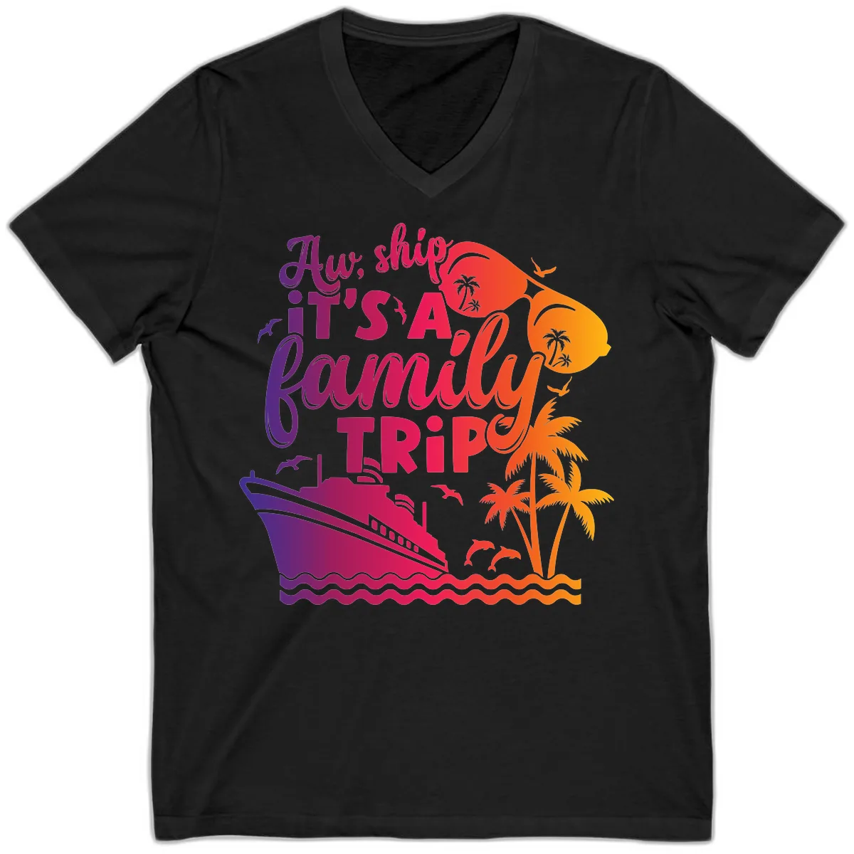 Aw Ship It's A Family Trip Design V-Neck in Black