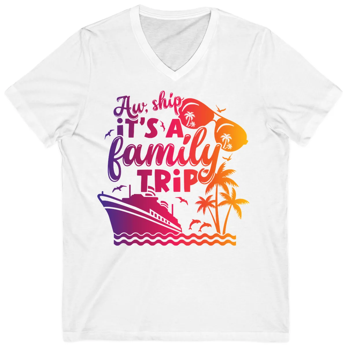 Aw Ship It's A Family Trip Design V-Neck in White