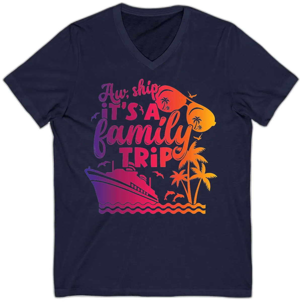 Aw Ship It's A Family Trip Design V-Neck in Navy