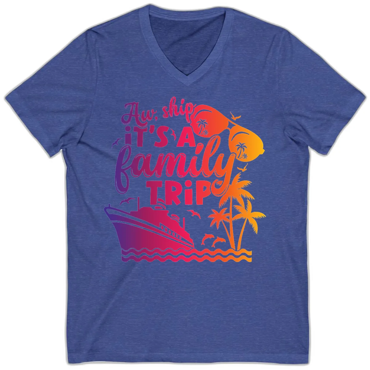 Aw Ship It's A Family Trip Design V-Neck in Heather True Royal