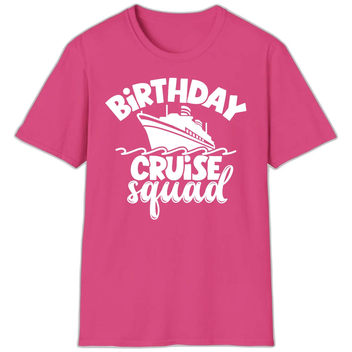 Birthday Cruise Squad Ship Design T-Shirt in Heliconia