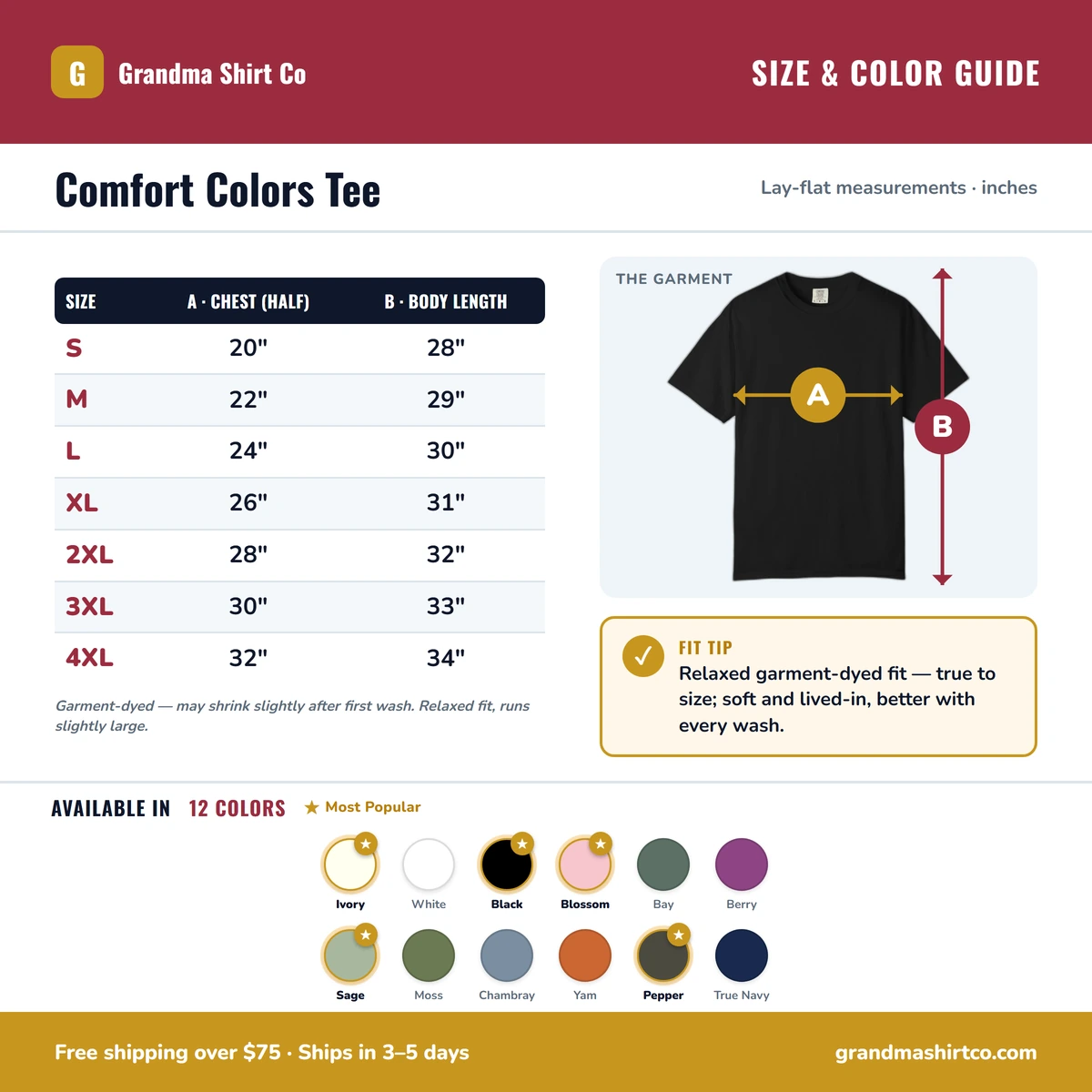 Comfort Color size & color guide