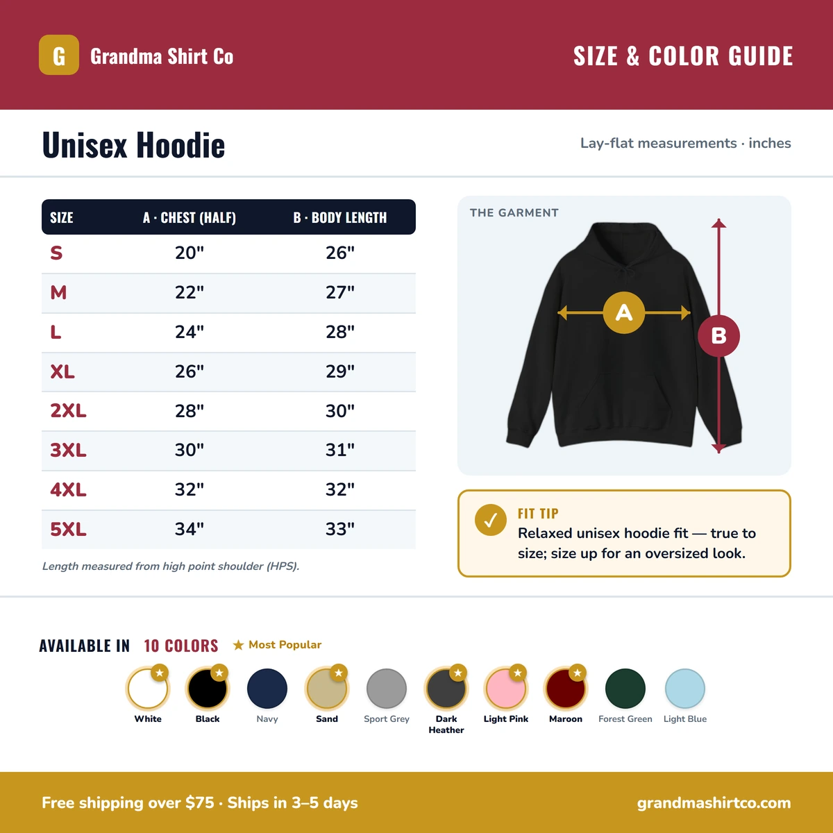 Hoodie size & color guide
