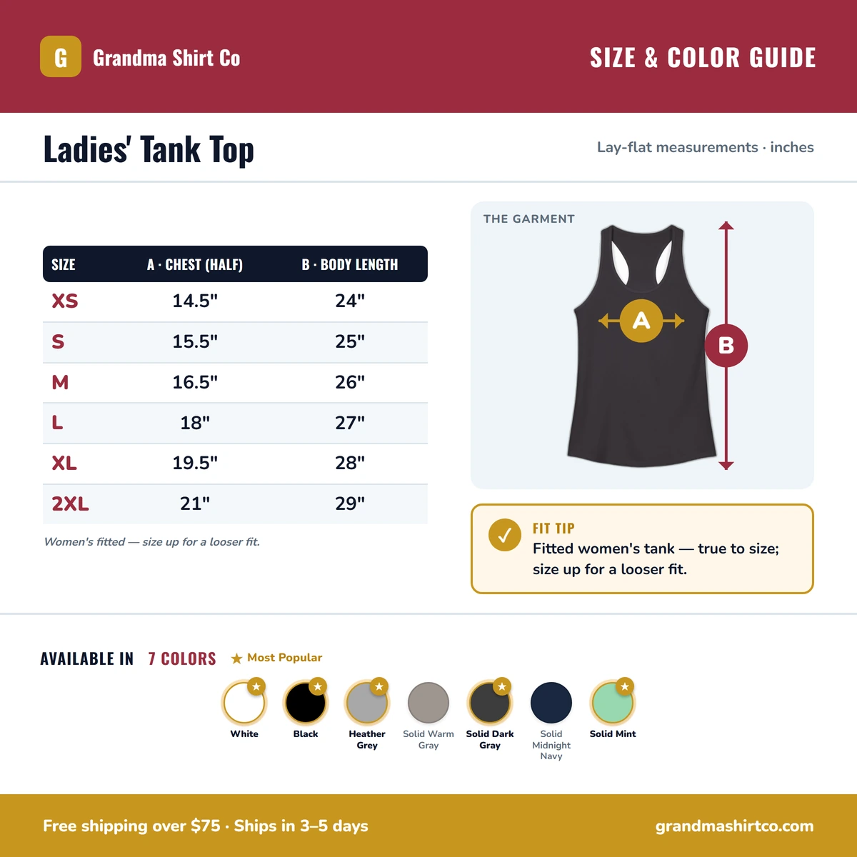 Ladies Tank size & color guide