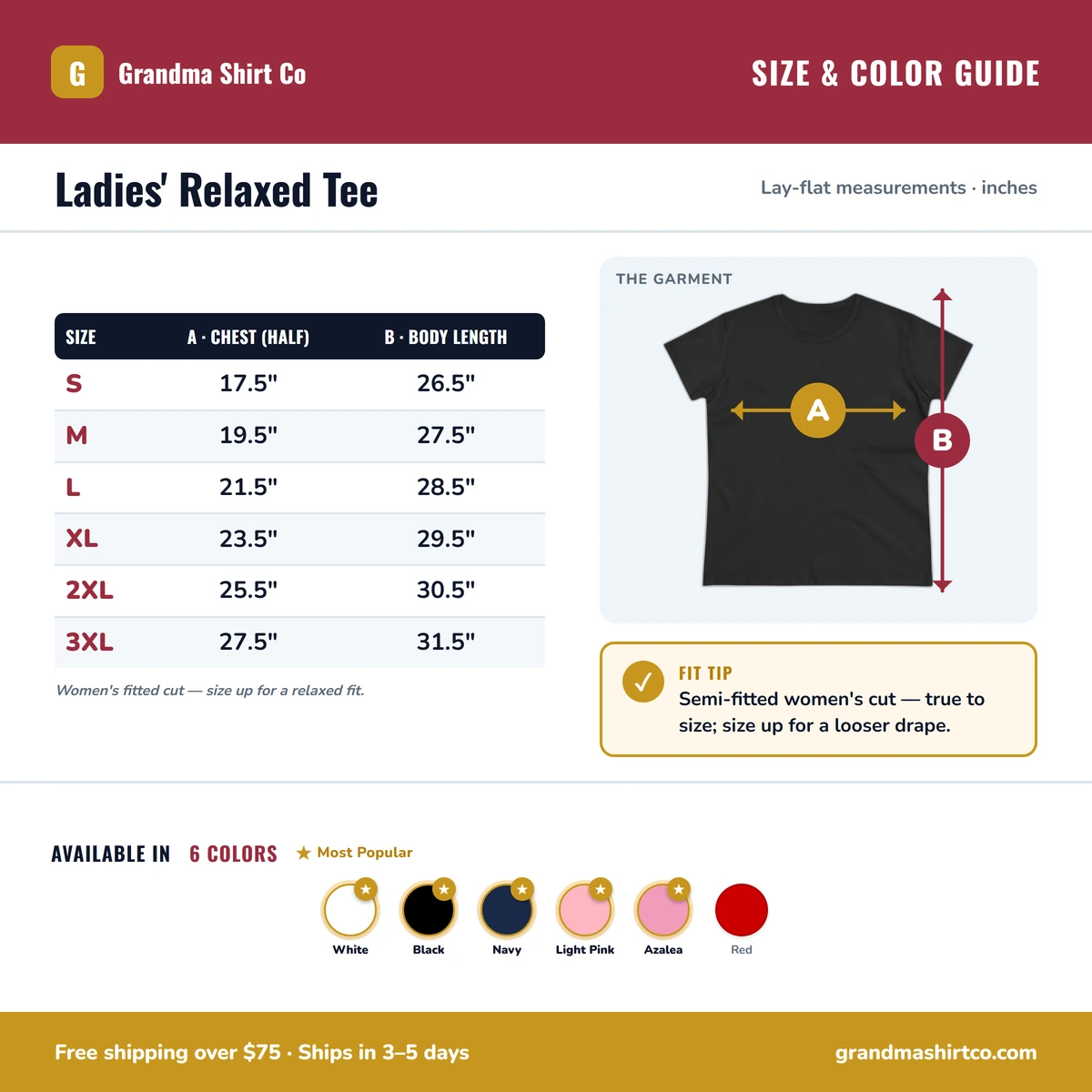 Ladies Tee size & color guide
