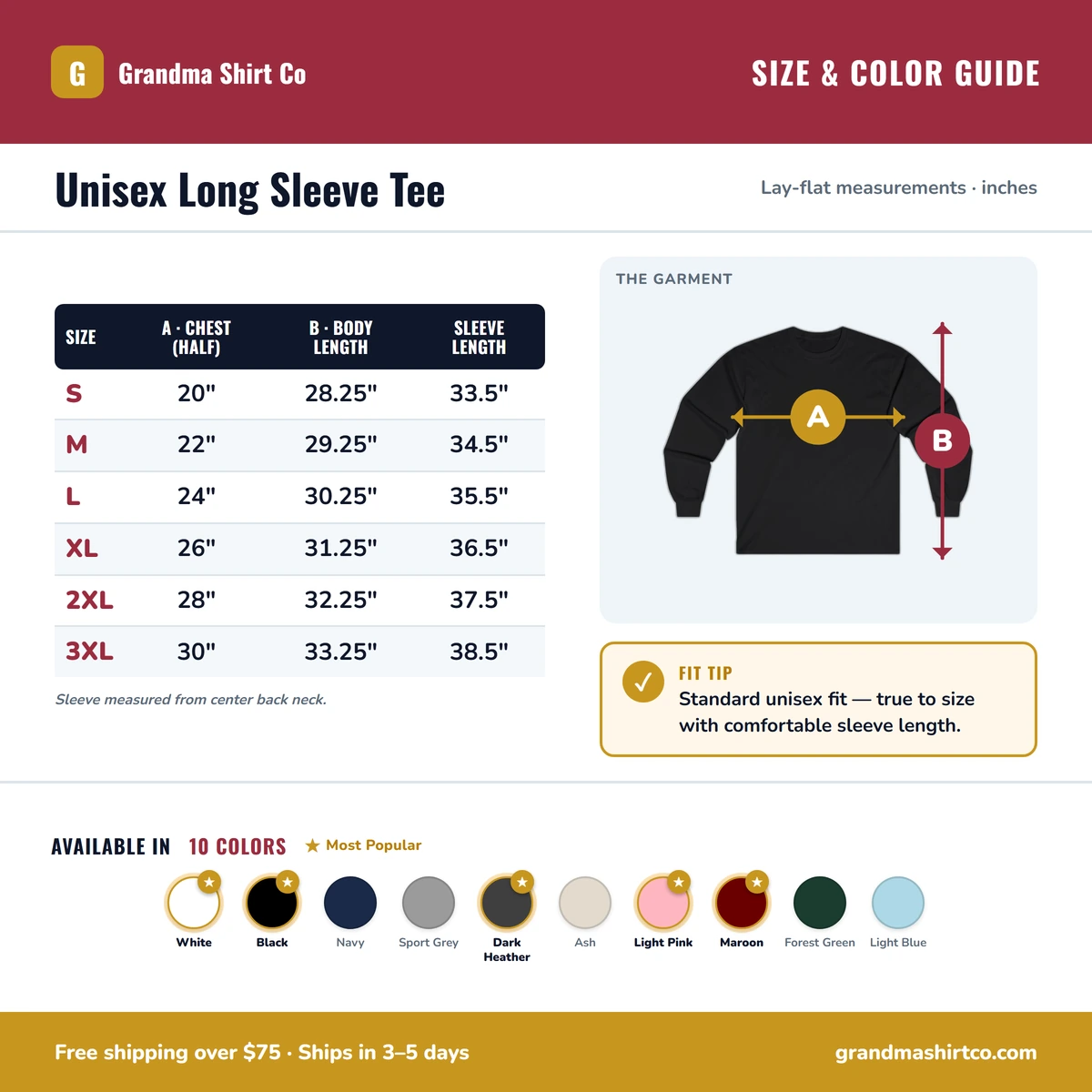 Long Sleeve size & color guide