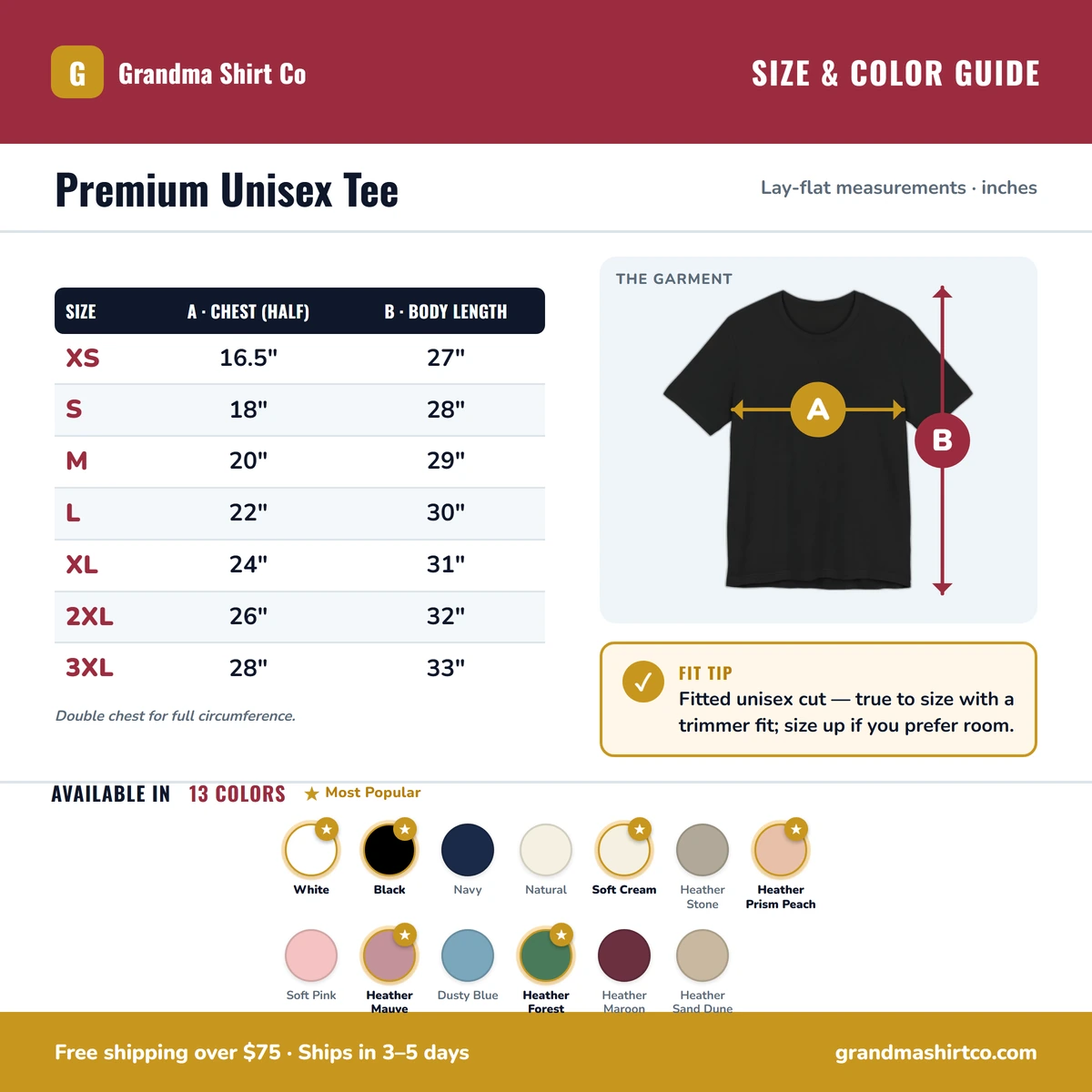 Premium T-Shirt size & color guide