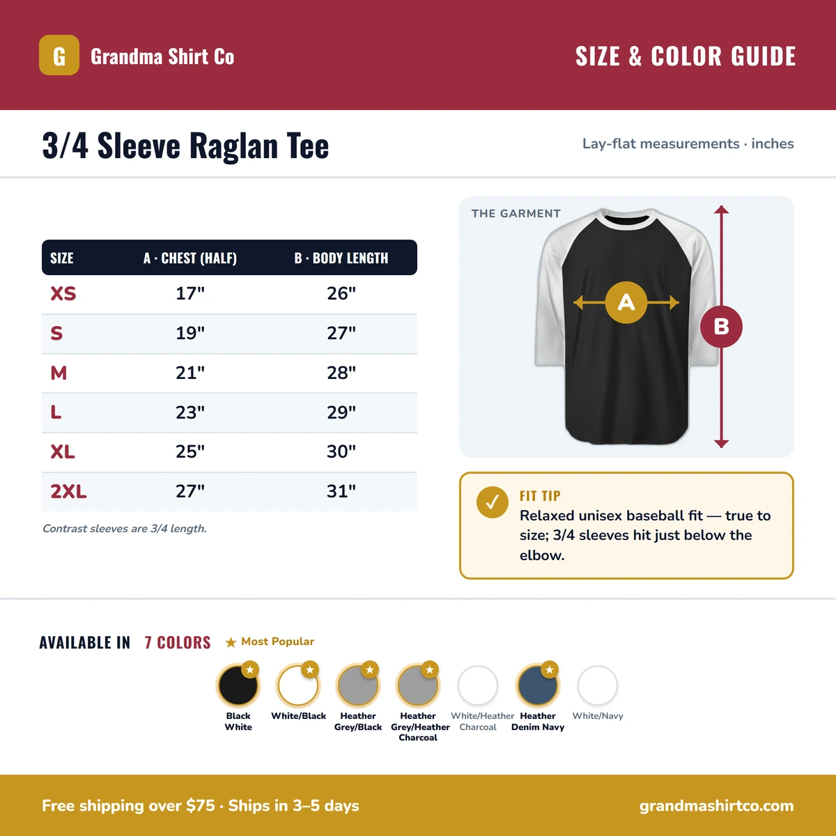 Raglan 3/4 size & color guide