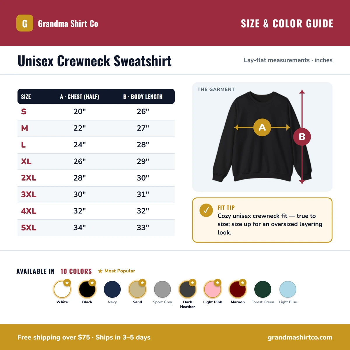 Sweatshirt size & color guide