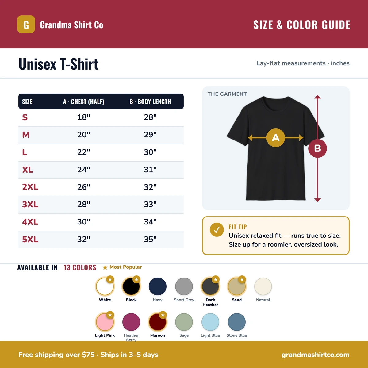 T-Shirt size & color guide