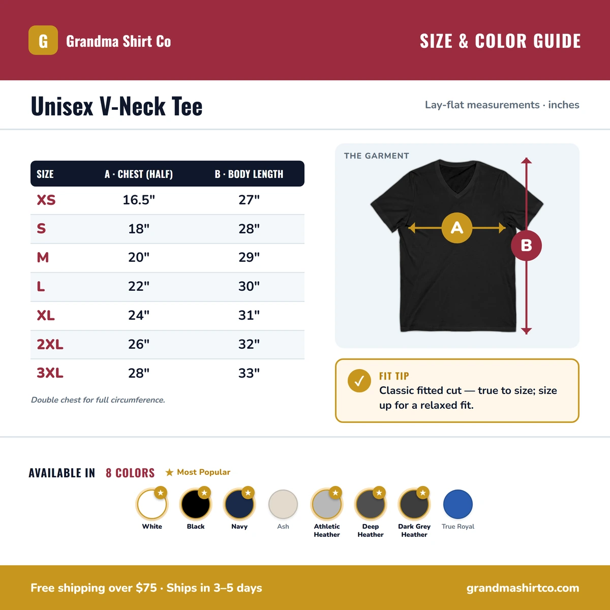 V-Neck size & color guide