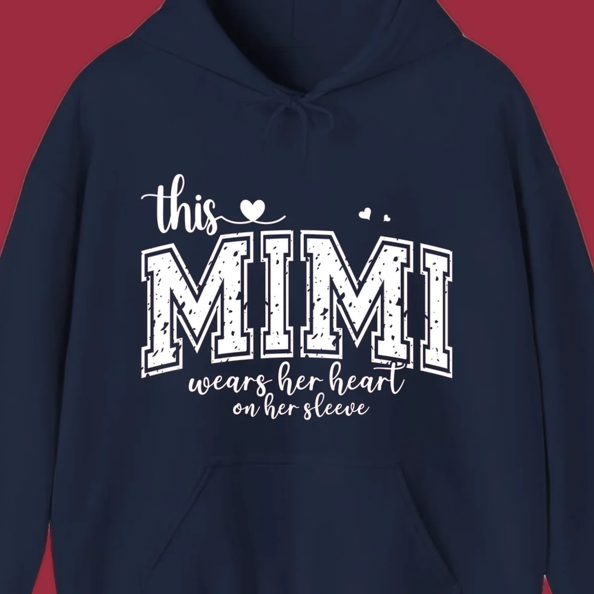 This Mimi Wears Her Heart On Her Sleeve text design with heart icons.