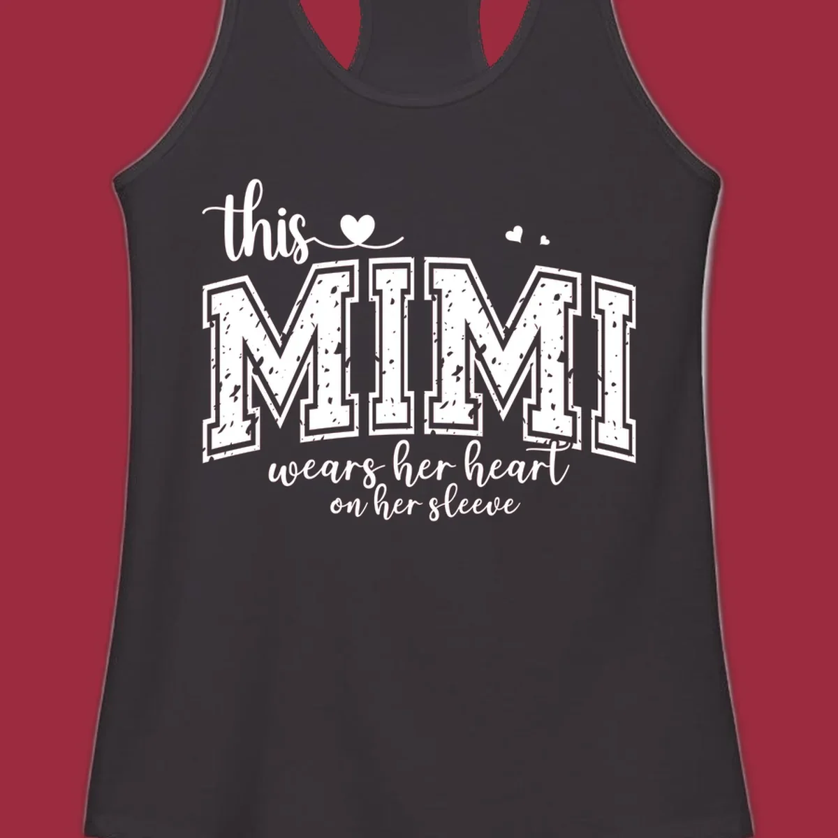 This Mimi Wears Her Heart On Her Sleeve text design with heart icons.