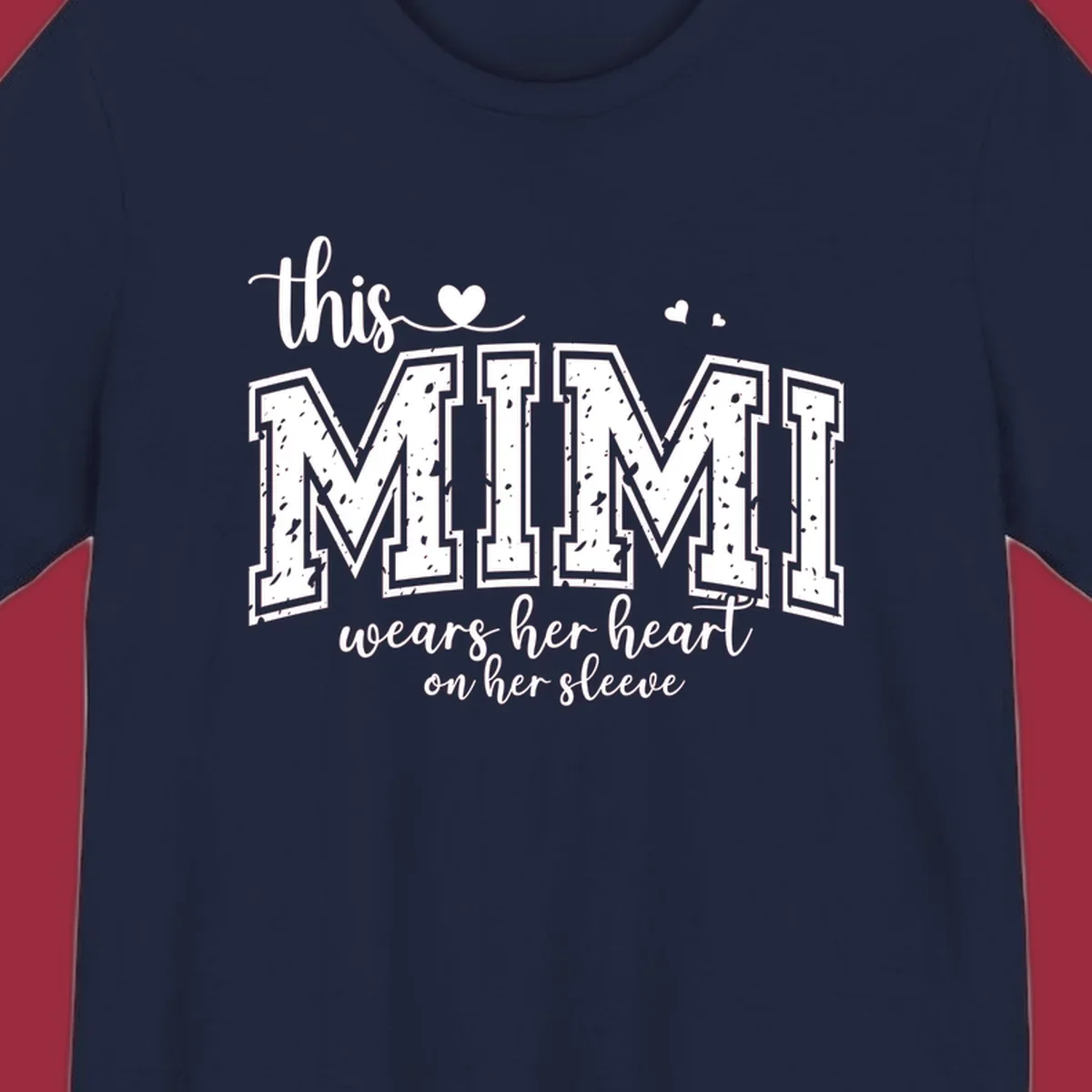 This Mimi Wears Her Heart On Her Sleeve text design with heart icons.