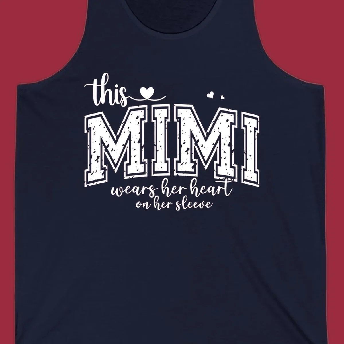 This Mimi Wears Her Heart On Her Sleeve text design with heart icons.