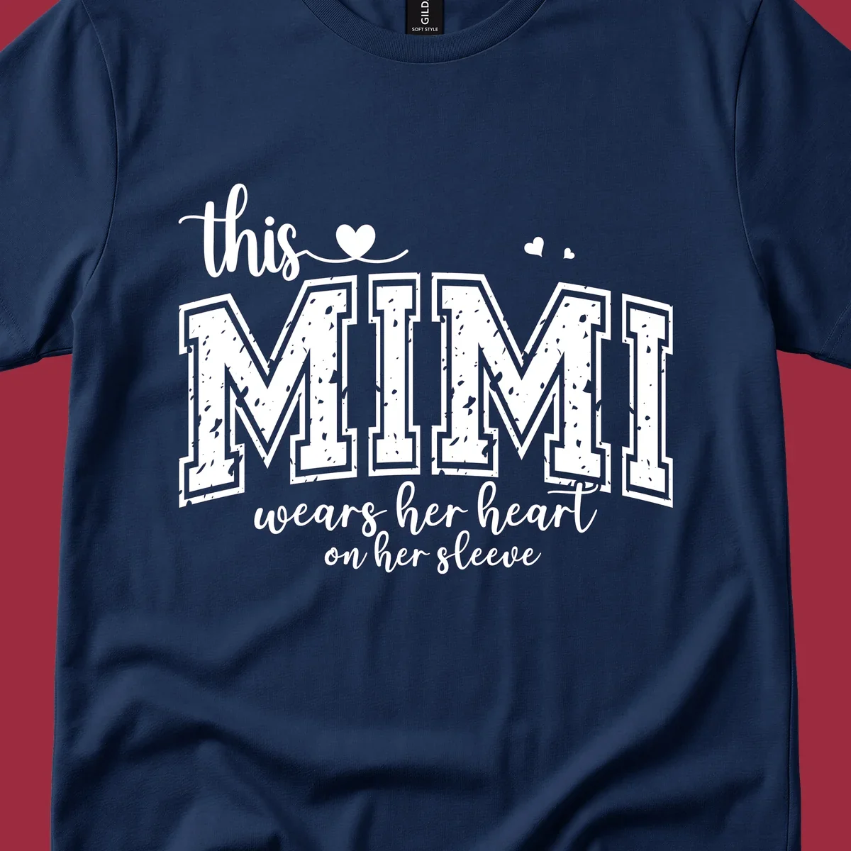 This Mimi Wears Her Heart On Her Sleeve text design with heart icons.